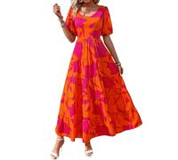 PRETTYGARDEN Womens Dresses 2024 Puff Sleeve Floral Casual Summer Dresses Smocked Backless Beach Flowy Tiered Maxi Dress, F-Orange Rose Red, S