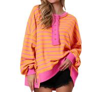 PRETTYGARDEN Womens Fall 2025 Striped Oversized Sweatshirt Long Sleeve Button Up Henley Neck Waffle Knit Pullover Tunic Tops, Striped Yellow Pink, M