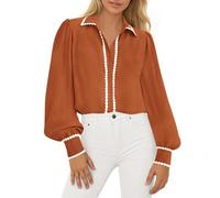 PRETTYGARDEN Womens Long Sleeve Button Down Shirts 2025 Trendy V Neck Loose Fit Fall Tops Collared Dressy Casual Blouses, Orange, L
