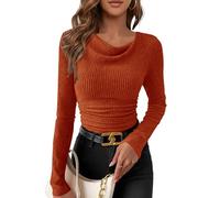 PRETTYGARDEN Women's Long Sleeve Cowl Neck Ribbed Knit Fall Shirts Slim Fit Ruched Going Out Crop Tops Basic T-Shirts, Burnt Orange, M