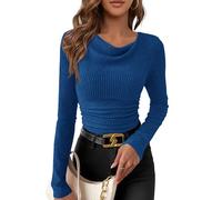 PRETTYGARDEN Women's Long Sleeve Cowl Neck Ribbed Knit Fall Shirts Slim Fit Ruched Going Out Crop Tops Basic T-Shirts, Blue, S