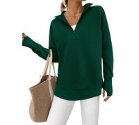 PRETTYGARDEN Womens Long Sleeve Quarter Zip Pullover Sweater Casual Loose V Neck Collared Ribbed Knit Jumper Tops Thumb Hole, Dark Green, XL