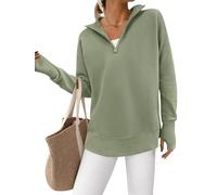 PRETTYGARDEN Womens Long Sleeve Quarter Zip Pullover Sweater Casual Loose V Neck Collared Ribbed Knit Jumper Tops Thumb Hole, Grey Green, L
