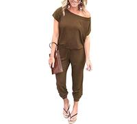 PRETTYGARDEN Women's Loose Solid Off Shoulder Elastic Waist Stretchy Long Romper Jumpsuit with Pockets, Khaki, XXL