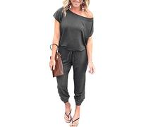 PRETTYGARDEN Women's Loose Solid Off Shoulder Elastic Waist Stretchy Long Romper Jumpsuit with Pockets - grey - X-Large