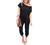 PRETTYGARDEN Women's Loose Solid Off Shoulder Elastic Waist Stretchy Long Romper Jumpsuit with Pockets, Black, XXXL