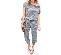 PRETTYGARDEN Women's Loose Solid Off Shoulder Elastic Waist Stretchy Long Romper Jumpsuit with Pockets, Grey Camouflage, XL