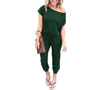 PRETTYGARDEN Women's Loose Solid Off Shoulder Elastic Waist Stretchy Long Romper Jumpsuit with Pockets, Dark Green, Medium