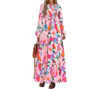 PRETTYGARDEN Women's Spring Dresses 2026 Long Sleeve Flowy Casual Floral Maxi Dress Crew Neck Smocked Tiered Long Dress, Apricot Rose Red Flower, S