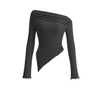 PRETTYGARDEN Women's Spring Long Sleeve Y2K Crop Top Trendy Off Shoulder Asymmetrical Fitted Knit Tee Shirts Going Out Tops, Black, L