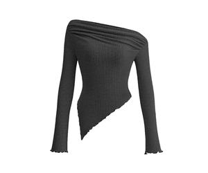 PRETTYGARDEN Women's Spring Long Sleeve Y2K Crop Top Trendy Off Shoulder Asymmetrical Fitted Knit Tee Shirts Going Out Tops, Black, L