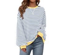 PRETTYGARDEN Womens Striped Oversized Sweatshirt Color Block Crew Neck Long Sleeve Casual Loose Pullover Top Y2K Clothes, Blue Beige, XL