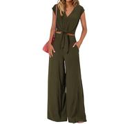 PRETTYGARDEN Women's Summer 2 Piece Outfits 2025 Cap Sleeve V Neck Belted Crop Tops Wide Leg Pant Sets Casual Tracksuit, Solid Army Green, L