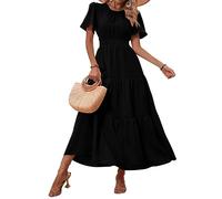 PRETTYGARDEN Women's Summer Casual Short Flutter Sleeve Round Neck Smocked Waist Tiered Boho Floral Flowy Maxi Dress, Solid Black, M