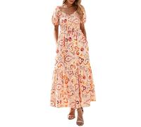 PRETTYGARDEN Womens Summer Dresses 2025 Casual Boho Floral Puff Short Sleeve Flowy Maxi Dress Smocked V Neck Sun Dresses, Orange Pink, M