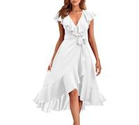 PRETTYGARDEN Women's Summer Wrap Maxi Dress Casual Boho Deep V Neck Short Sleeve Ruffle Hem Split Beach Long Dresses, White, L