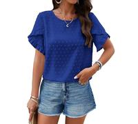 PRETTYGARDEN Women's Tops 2026 Summer Ruffle Short Sleeve Crewneck Blouses Swiss Dots Solid Loose Tunics Work Shirts, Royal Blue, M