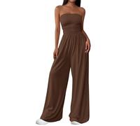 PRETTYGARDEN Womens Trendy Strapless Rompers 2025 Ruched Tube Top Wide Leg One Piece Jumpsuits Beach Vacation Summer Outfits, Brown, L
