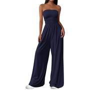 PRETTYGARDEN Womens Trendy Strapless Rompers 2025 Ruched Tube Top Wide Leg One Piece Jumpsuits Beach Vacation Summer Outfits, Navy Blue, M