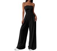 PRETTYGARDEN Womens Trendy Strapless Rompers 2025 Ruched Tube Top Wide Leg One Piece Jumpsuits Beach Vacation Summer Outfits, Black, S