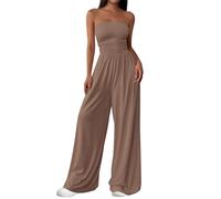 PRETTYGARDEN Womens Trendy Strapless Rompers 2026 Ruched Tube Top Wide Leg One Piece Jumpsuits Beach Vacation Summer Outfits, Khaki, Large
