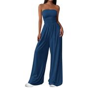 PRETTYGARDEN Womens Trendy Strapless Rompers 2026 Ruched Tube Top Wide Leg One Piece Jumpsuits Beach Vacation Summer Outfits, Dark Blue, Large