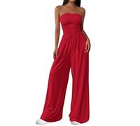 PRETTYGARDEN Womens Trendy Strapless Rompers 2026 Ruched Tube Top Wide Leg One Piece Jumpsuits Beach Vacation Summer Outfits, Red, X-Large