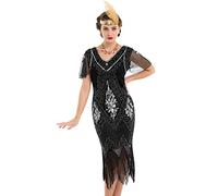 PrettyGuide Women's 1920s Dress Sequin Art Deco Flapper Dress with Sleeve, Black Silver, 18-20