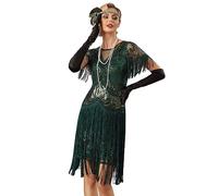 PrettyGuide Women's 1920s Gatsby Dress Long Fringe Vintage Sequin Art Deco Cocktail Flapper Dress with Sleeves, Dark Green, 10