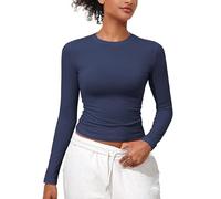 PrettyGuide Women's Cotton Jersey Long Sleeve Shirts Tight Fit Crewneck Crop Tops Basic Fall Going Out Y2K Tops, Navy Blue, 10-12