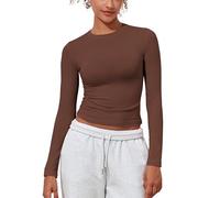 PrettyGuide Women's Cotton Jersey Long Sleeve Shirts Tight Fit Crewneck Crop Tops Basic Fall Going Out Y2K Tops, Coffee, 2-4