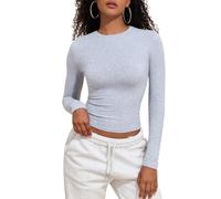 PrettyGuide Women's Cotton Jersey Long Sleeve Shirts Tight Fit Crewneck Crop Tops Basic Fall Going Out Y2K Tops, Heather Grey, 6-8