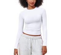 PrettyGuide Women's Cotton Jersey Long Sleeve Shirts Tight Fit Crewneck Crop Tops Basic Fall Going Out Y2K Tops, White, 10-12
