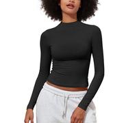 PrettyGuide Women's Cotton Long Sleeve Shirts Mock Neck Basic Tee Tight Fitted Fall Y2K Crop Top Going Out Tops, Black, 10-12