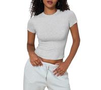 PrettyGuide Women's Crew Neck Short Sleeve Summer Basic Tee Slim Fit Cotton Jersey T Shirt Y2K Going Out Tops, Light Heather Grey, 10-12