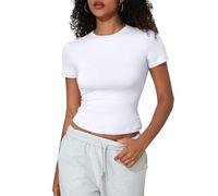 PrettyGuide Women's Crew Neck Short Sleeve Summer Basic Tee Tight Fit Cotton Jersey T Shirt Y2K Going Out Tops, White, 6-8
