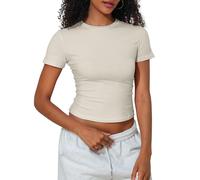 PrettyGuide Women's Crew Neck Short Sleeve Summer Basic Tee Tight Fit Cotton Jersey T Shirt Y2K Going Out Tops, Bone, 2-4
