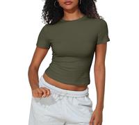 PrettyGuide Women's Crew Neck Short Sleeve Summer Basic Tee Tight Fit Cotton Jersey T Shirt Y2K Going Out Tops, Army Green, 10-12