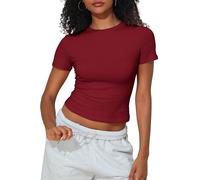 PrettyGuide Women's Crew Neck Short Sleeve Summer Basic Tee Tight Fit Cotton Jersey T Shirt Y2K Going Out Tops, Burgundy, 6-8