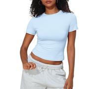 PrettyGuide Women's Crew Neck Short Sleeve Summer Basic Tee Tight Fit Cotton Jersey T Shirt Y2K Going Out Tops, Opal, 10-12