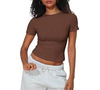 PrettyGuide Women's Crew Neck Short Sleeve Summer Basic Tee Tight Fit Cotton Jersey T Shirt Y2K Going Out Tops, Coffee, 10-12