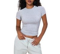 PrettyGuide Women's Crew Neck Short Sleeve Summer Basic Tee Tight Fit Cotton Jersey T Shirt Y2K Going Out Tops, Heather Grey, 10-12