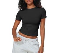 PrettyGuide Women's Crew Neck Short Sleeve Summer Basic Tee Tight Fit Cotton Jersey T Shirt Y2K Going Out Tops, Black, 6-8