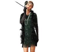 PrettyGuide Women's Flapper Dresses with Sleeves Tiered Long Fringed Sequin 1920s Great Gatsby Cocktail Dress Costume, Dark Green, 10