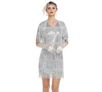 PrettyGuide Women's Flapper Dresses with Sleeves Tiered Long Fringed Sequin 1920s Great Gatsby Cocktail Dress Costume, Grey Silver, 16