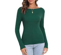 PrettyGuide Women's Long Sleeve Boat Neck Sweater Slim Fit Vintage Ribbed Knit Fall Women Jumper Pullover Tops, Green, Small