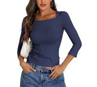 PrettyGuide Women's Square Neck 3/4 Sleeve Crop Tops Lace Trim Cotton T-Shirts Cute Fitted Going Out Basic Tees, Navy Blue, 6-8