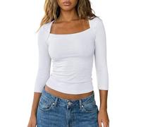 PrettyGuide Women's Square Neck 3/4 Sleeve Crop Tops Lace Trim Cotton T-Shirts Cute Fitted Going Out Basic Tees, White, 10-12