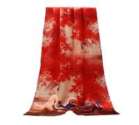 Prettystern Extra Long Pure Satin Silk Lady Shawl Scarf Chinese Painting Art Print- Red Pear Leaves Peacock