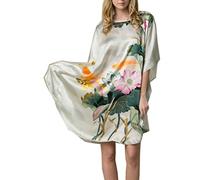 Prettystern HAND PAINTED Women Silk long Dress night-gown Night-dress chinese Art green fish water lilies YBS011